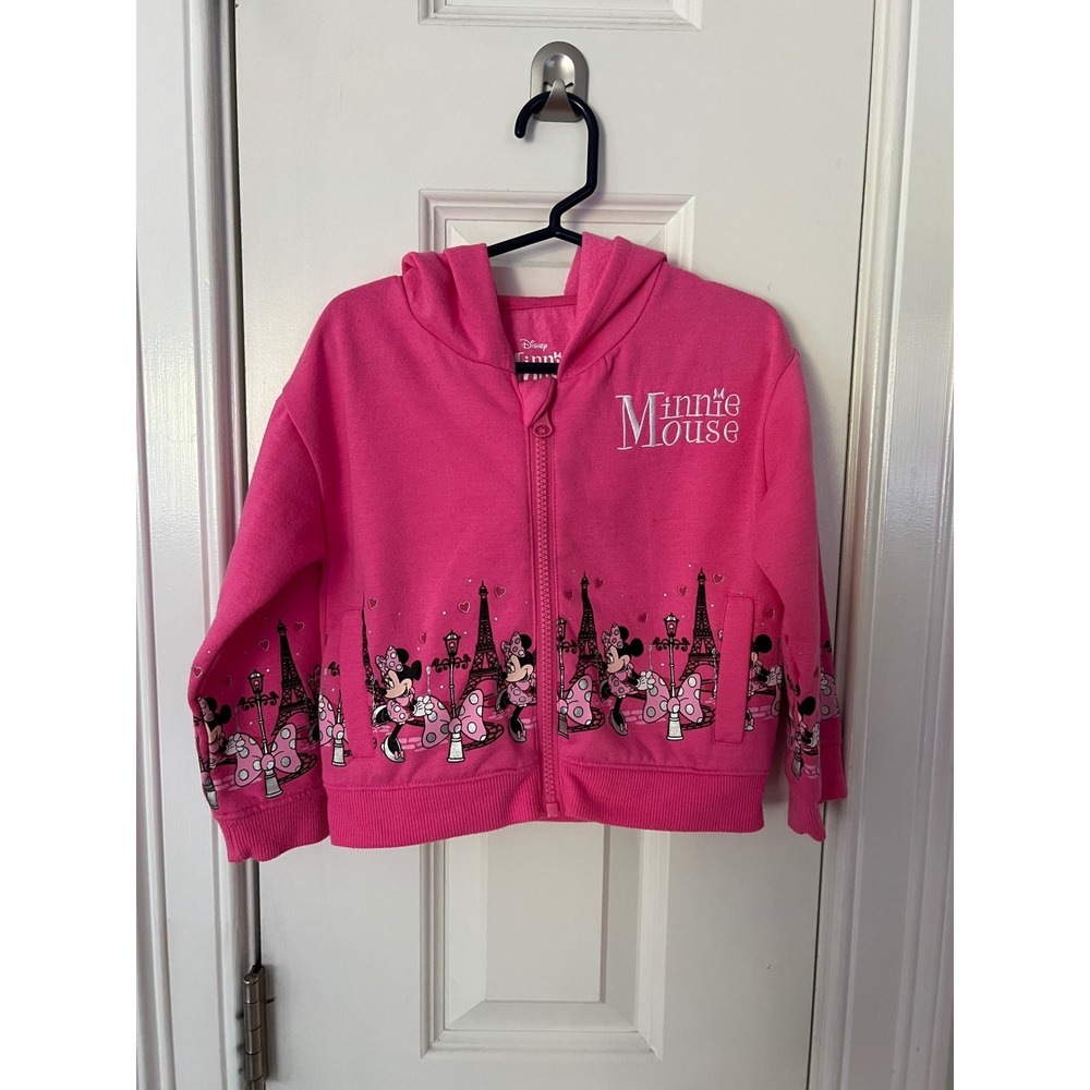 Disney Minnie Mouse Paris Eiffel Tower Pink Zip Up Hoodie Toddler Girls 3T